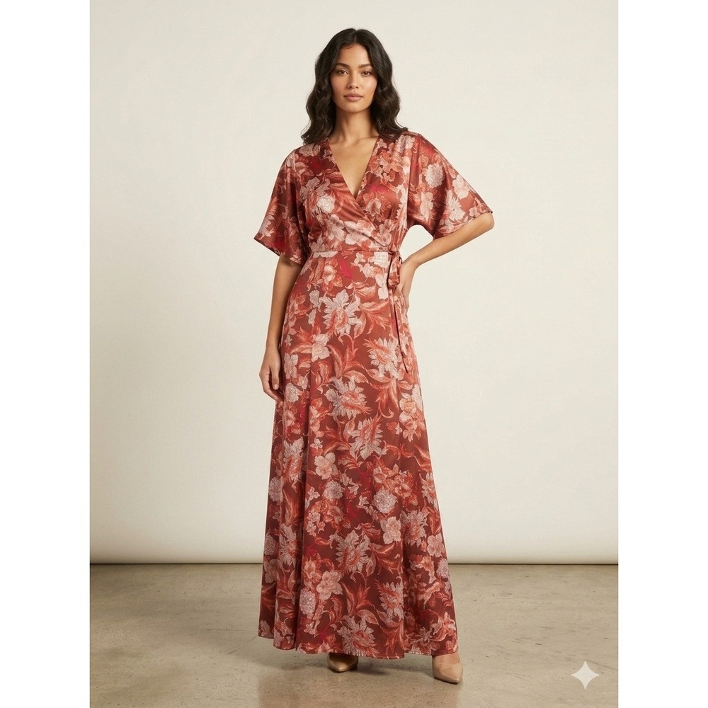 Aakaa Floral Textured Satin Kimono Wrap Maxi Dress Rusty red Burgundy Small
